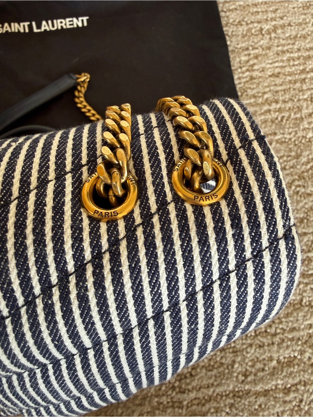Saint Laurent Navy and White Striped Denim Small Loulou Shoulder Bag - Picture 12 of 12